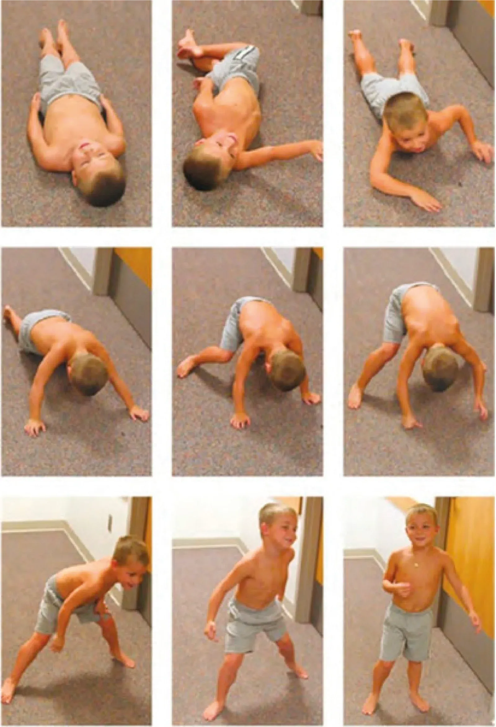 Secuencia de fotos de un niño levantándose del suelo usando la maniobra de Gowers
